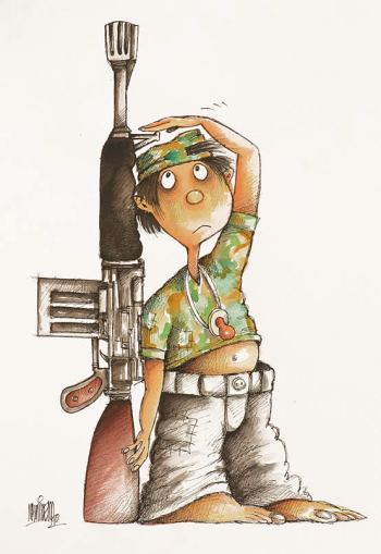 Los niños de la Guerra, caricatura de Alfredo Martirena, premiada en la XVII Bienal de Humorismo Gráfico. Cuba.